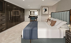 A rendering of a remastered owner's suite bedroom on the Oceania Aurelia, currently sailing as the Nautica.