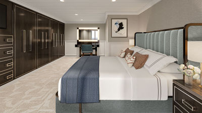 A rendering of a remastered owner's suite bedroom on the Oceania Aurelia, currently sailing as the Nautica.