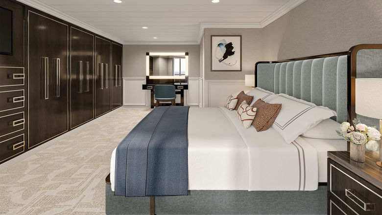 A rendering of a remastered owner's suite bedroom on the Oceania Aurelia, currently sailing as the Nautica.