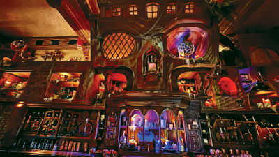 Behind The Beak and Barrel bar is what appears to be the back of a ship in the shape of a skull.