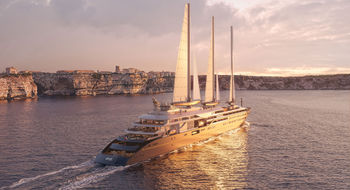 The Corinthian has three 226-foot masts and sails of fiberglass and carbon.