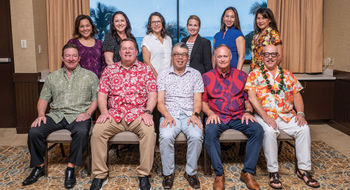 The participants in the Travel Weekly Hawaii Leadership Forum Roundtable. Back row, from left: Alisa Onishi, Hawaiian Airlines; Rachel Bird, Expedia Group; Johanna Jainchill, Travel Weekly; Melissa Krueger, Classic Vacations; Sandy Narvaez, Marriott International; and Caroline Anderson, Hawaii Tourism Authority. Front row: Sean Dee, Outrigger Hospitality Group; Ray Snisky, ALG Vacations; David Hu, A|T Collective; Tom Mullen, Hawaii Visitors and Convention Bureau; and Tony Logan, Virtuoso.
