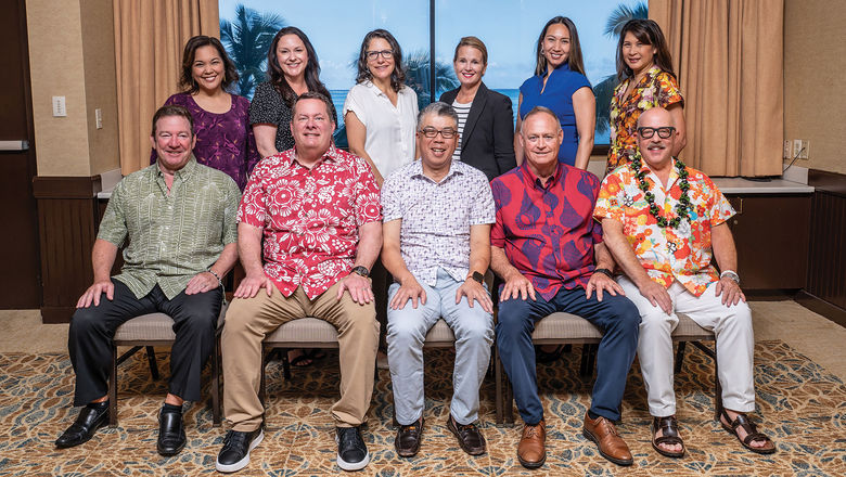 The participants in the Travel Weekly Hawaii Leadership Forum Roundtable. Back row, from left: Alisa Onishi, Hawaiian Airlines; Rachel Bird, Expedia Group; Johanna Jainchill, Travel Weekly; Melissa Krueger, Classic Vacations; Sandy Narvaez, Marriott International; and Caroline Anderson, Hawaii Tourism Authority. Front row: Sean Dee, Outrigger Hospitality Group; Ray Snisky, ALG Vacations; David Hu, A|T Collective; Tom Mullen, Hawaii Visitors and Convention Bureau; and Tony Logan, Virtuoso.