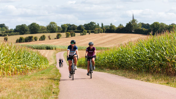 Guests pedal past corn fields in France's northwestern region of Brittany.