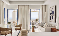 A guestroom at the Four Seasons Hotel Mykonos, which will open its doors this June.