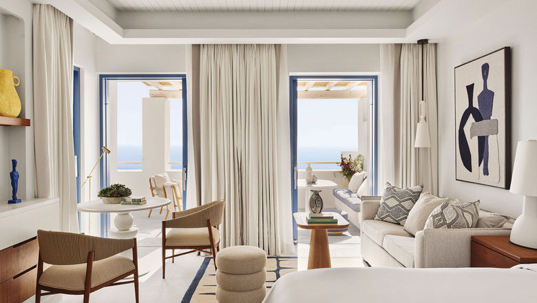 A guestroom at the Four Seasons Hotel Mykonos, which will open its doors this June.