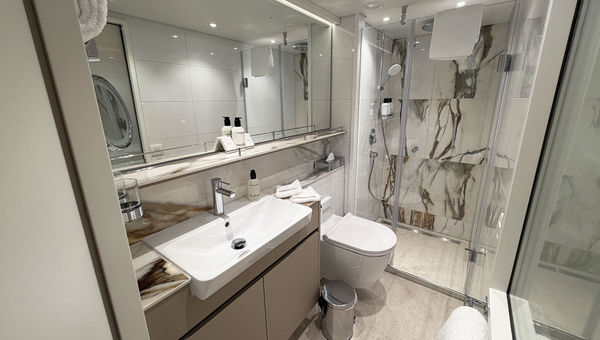 Bathrooms in the AmaSofia's AB staterooms feature heated floors. Bathrooms in the AmaSofia's AB staterooms feature heated floors.