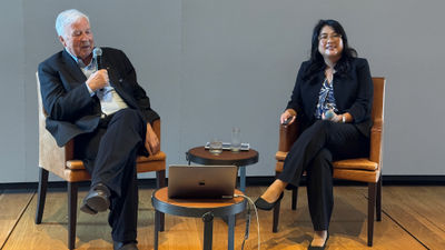 Viking chairman Torstein Hagen and newly promoted CEO Leah Talactac at a media presentation onboard the Viking Octantis when it was docked in New York in April.