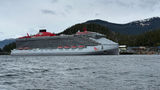 The Brilliant Lady docked in Sitka. The Virgin Voyages sailing was its first from its summer homeport of Seattle.