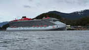 The Brilliant Lady docked in Sitka. The Virgin Voyages sailing was its first from its summer homeport of Seattle.