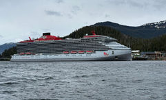 The Brilliant Lady docked in Sitka. The Virgin Voyages sailing was its first from its summer homeport of Seattle.