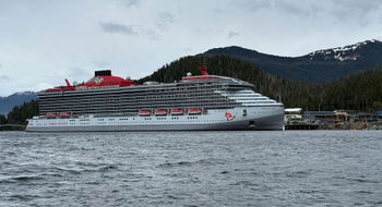The Brilliant Lady docked in Sitka. The Virgin Voyages sailing was its first from its summer homeport of Seattle.