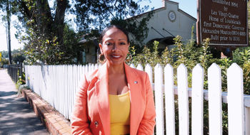 Denella Ri'chard outside the Lafayette Museum Historic Home and Gardens in Louisiana during the filming of her show.