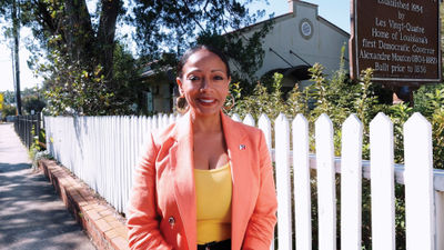 Denella Ri'chard outside the Lafayette Museum Historic Home and Gardens in Louisiana during the filming of her show.
