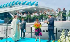 Emerald Astra godmother Toni Lanotte-Day, front and center, is one of the top global sellers for Scenic Group, parent of the Scenic and Emerald cruise brands.