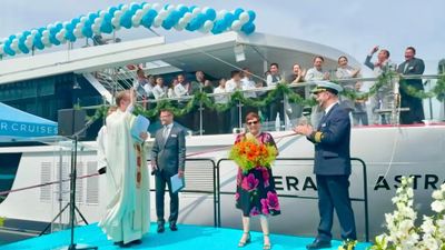 Emerald Astra godmother Toni Lanotte-Day, front and center, is one of the top global sellers for Scenic Group, parent of the Scenic and Emerald cruise brands.