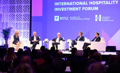 A panel discussion at the 2026 NYU International Hospitality Investment Forum, featuring (left to right) CNBC’s Sara Eisen, Hilton CEO Christopher Nassetta, Hyatt CEO Mark Hoplamazian, Accor CEO Sebastien Bazin and IHG Hotels & Resorts CEO Elie Maalouf.