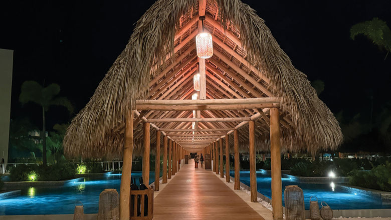 Long palapas lead W Punta Cana guests from the outdoor lobby, bars and restaurants to the pool, hotel rooms and the beach.
