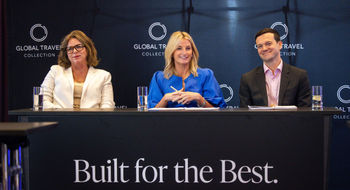 From left: Angie Licea, president of Global Travel Collection, with In the Know Experiences senior vice president Ragan Stone and GTC senior vice president of strategy and growth Josh Stevens during a press briefing at the 2026 Arrive conference.