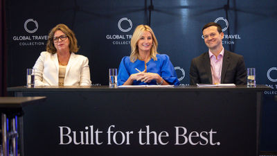 From left: Angie Licea, president of Global Travel Collection, with In the Know Experiences senior vice president Ragan Stone and GTC senior vice president of strategy and growth Josh Stevens during a press briefing at the 2026 Arrive conference.