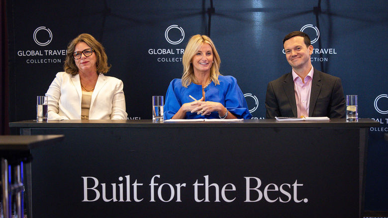 From left: Angie Licea, president of Global Travel Collection, with In the Know Experiences senior vice president Ragan Stone and GTC senior vice president of strategy and growth Josh Stevens during a press briefing at the 2026 Arrive conference.