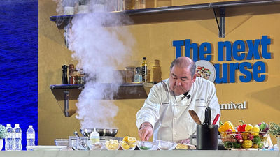 Emeril Lagasse, Carnival Cruise Line's chief culinary officer, did a cooking demonstration on June 11 in New Orleans.