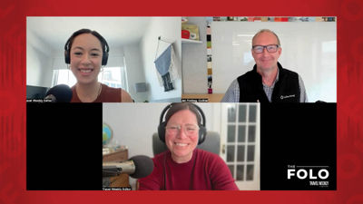 Clockwise from top left: Hospitality editor Christina Jelski; Jan Freitag of CoStar Group; and host Rebecca Tobin talk about a new U.S. hotel forecast by CoStar and Tourism Economics and what's driving the rosy outlook.