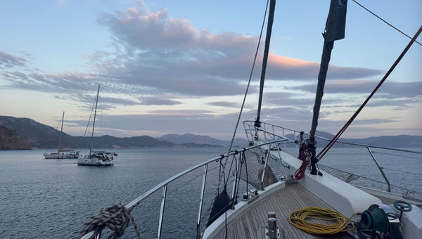 The view from the bow as the sun sets over the Turkish Riviera. The view from the bow as the sun sets over the Turkish Riviera.