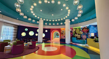 The lobby in the Universal Kids Resort, a hotel and theme park in Frisco, Texas, aimed at kids ages 3 to 8. It opens on July 1.