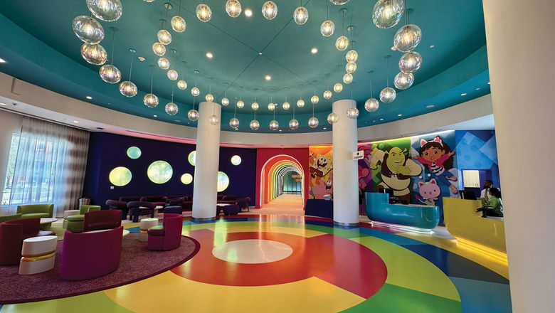 The lobby in the Universal Kids Resort, a hotel and theme park in Frisco, Texas, aimed at kids ages 3 to 8. It opens on July 1.