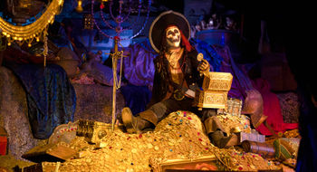 A new audio-animatronic figure on the Pirates of the Caribbean attraction turns from a pirate into a skeleton using real-time front projection and a mechanical head.