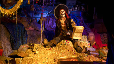 A new audio-animatronic figure on the Pirates of the Caribbean attraction turns from a pirate into a skeleton using real-time front projection and a mechanical head.