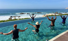 A water cycling class is led by Cintya Ventura, wellness manager for the Grand Velas Los Cabos and the Grand Velas Boutique Los Cabos.