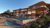 A rendering of the exterior of Ani Shoal Bay's main house and pool.