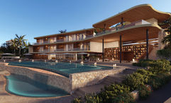 A rendering of the exterior of Ani Shoal Bay's main house and pool.