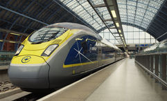 A Eurostar train at St. Pancras International Station in London.