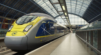A Eurostar train at St. Pancras International Station in London.