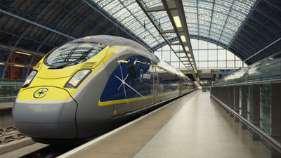 A Eurostar train at St. Pancras International Station in London.