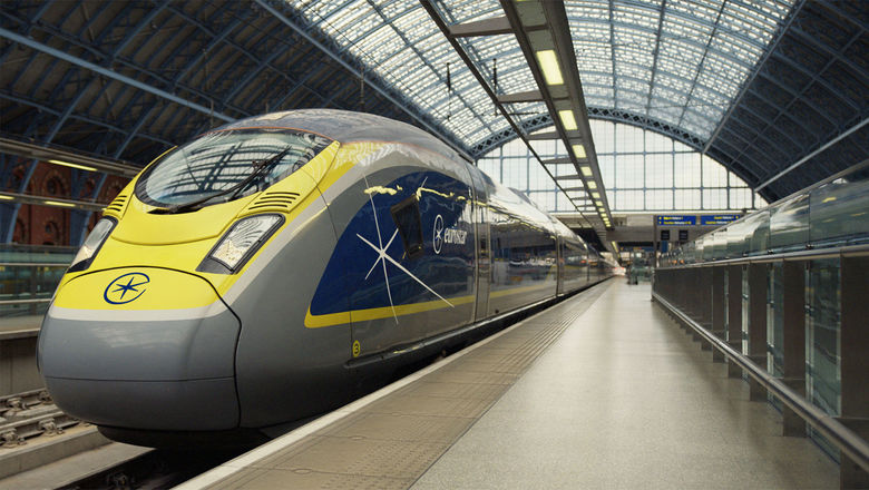 A Eurostar train at St. Pancras International Station in London.
