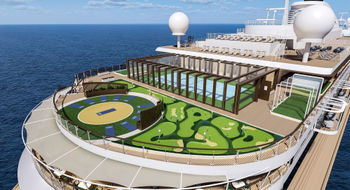 The Seven Seas Prestige's sports deck will have a yoga area, a pickleball and padel court, an 18-hole putting green and games, including digital shuffleboard tables.