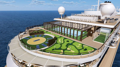 The Seven Seas Prestige's sports deck will have a yoga area, a pickleball and padel court, an 18-hole putting green and games, including digital shuffleboard tables.