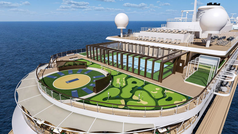 The Seven Seas Prestige's sports deck will have a yoga area, a pickleball and padel court, an 18-hole putting green and games, including digital shuffleboard tables.