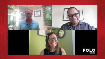 Clockwise from top left: Editor at large Robert Silk, Vik Krishnan, a senior partner at McKinsey & Co.; and host Rebecca Tobin talk about the intersection of driverless cars and the rental-car industry.
