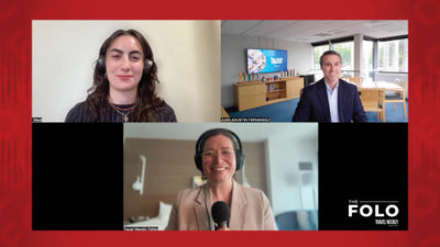 Clockwise from top left: Teri West, Travel Weekly's cruise editor; Juan Fernandez, the vice president of food and beverage for Carnival Cruise Line; and Folo host Rebecca Tobin talk about changes in cruise ship dining.