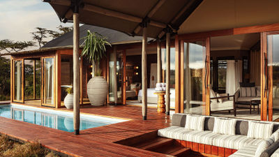 Accommodations at the JW Marriott Mount Kenya Rhino Reserve Safari Camp have private decks and plunge pools.