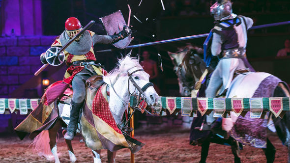 The action-packed dinner show "Tournament of Kings" at Excalibur includes jousting on horseback.