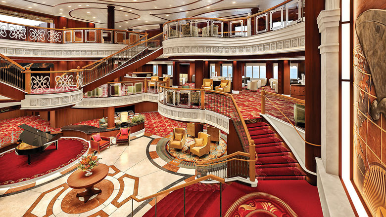 Rendering of the refreshed Grand Lobby on the Queen Victoria. The ship is heading to drydock in October.