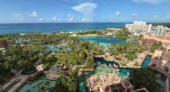 The view of Atlantis' Aquaventure waterpark and pool areas from a 17th floor balcony in the resort's signature Royal Towers.