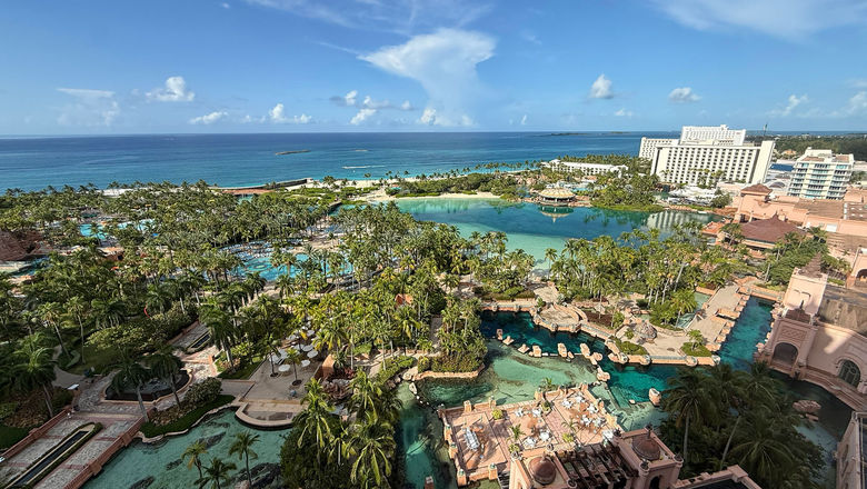 The view of Atlantis' Aquaventure waterpark and pool areas from a 17th floor balcony in the resort's signature Royal Towers.
