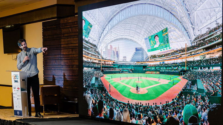 Frankie Sharpe, director of sports architecture at Bjarke Ingels Group and lead designer of the A’s baseball stadium on the former Tropicana site in Las Vegas, discusses the facility's features during last year’s Duck Duck Shed.